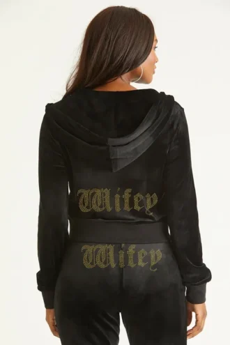 Bluza z kapturem z weluru z dużymi kryształkami Big Bling do personalizacji dla żony Bluza z kapturem z weluru z dużymi kryształkami Big Bling do personalizacji dla żony